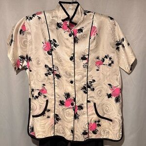 Vintage Asian Satin Short Sleeve Pajama Set Mandarin Collar Flamenco Theme Sz 36